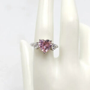 Pink Heart Clear Glass Rhinestone Silver Plated Vintage Cocktail Ring Size 8.75
